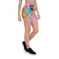 Women’s shorts with vibrant abstract paint splatter street-art print and stretch fit waistband