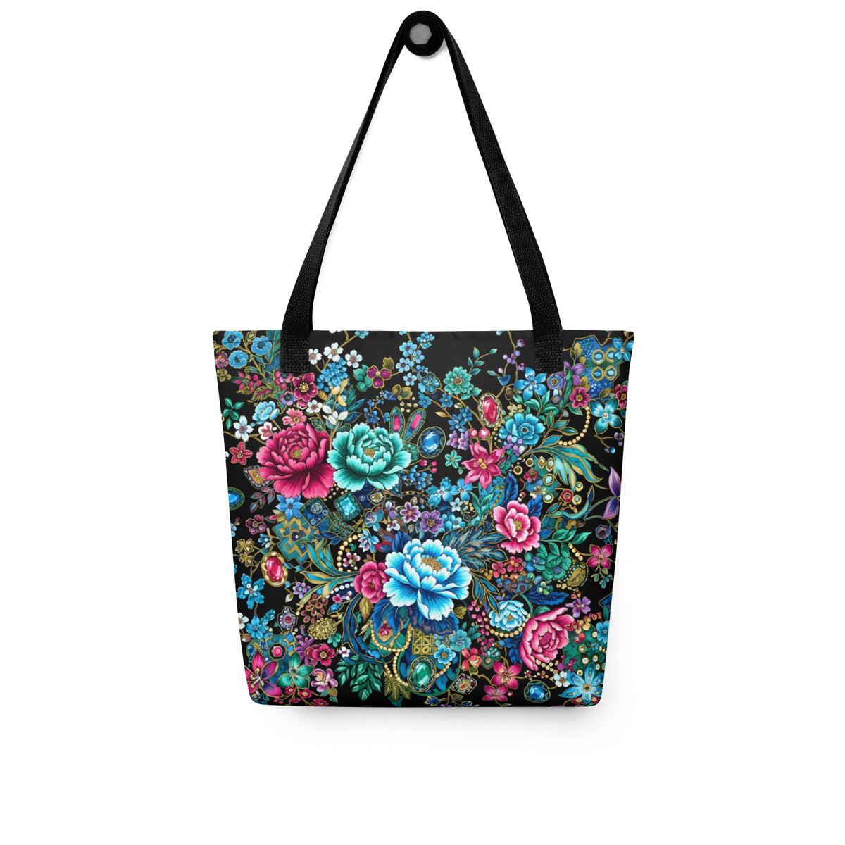 Tote bag with intricate multicolor floral pattern and jewel-inspired accents on a black background.