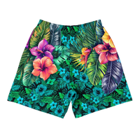 Tropical Tiki performance shorts featuring vibrant tiki mask artwork with hibiscus flowers and jungle leaves in bold tropical streetwear design