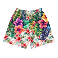 Tropical Tiki performance shorts featuring vibrant tiki mask artwork with hibiscus flowers and jungle leaves in bold tropical streetwear design