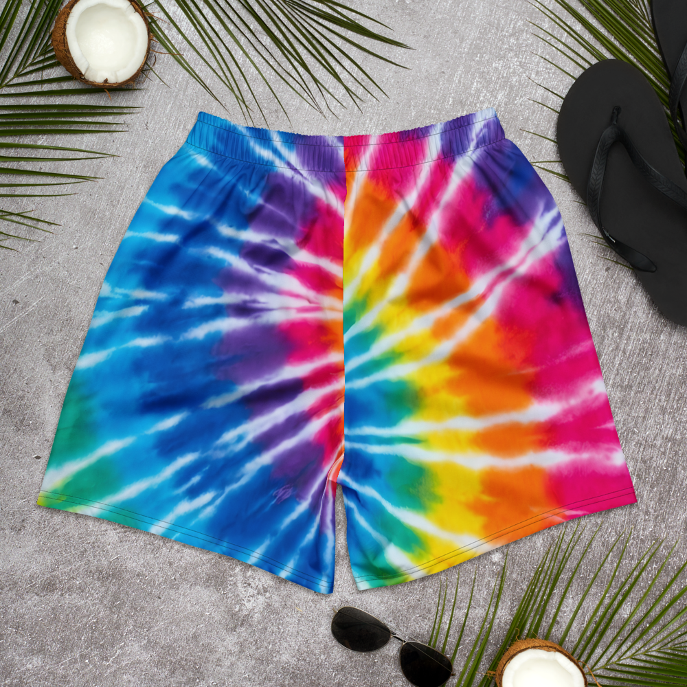 Long Sports Shorts – Tie-Dye Rainbow Spiral Design
