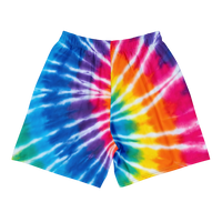 Long sports shorts with rainbow tie-dye spiral pattern in pink, orange, yellow, green, blue, and purple