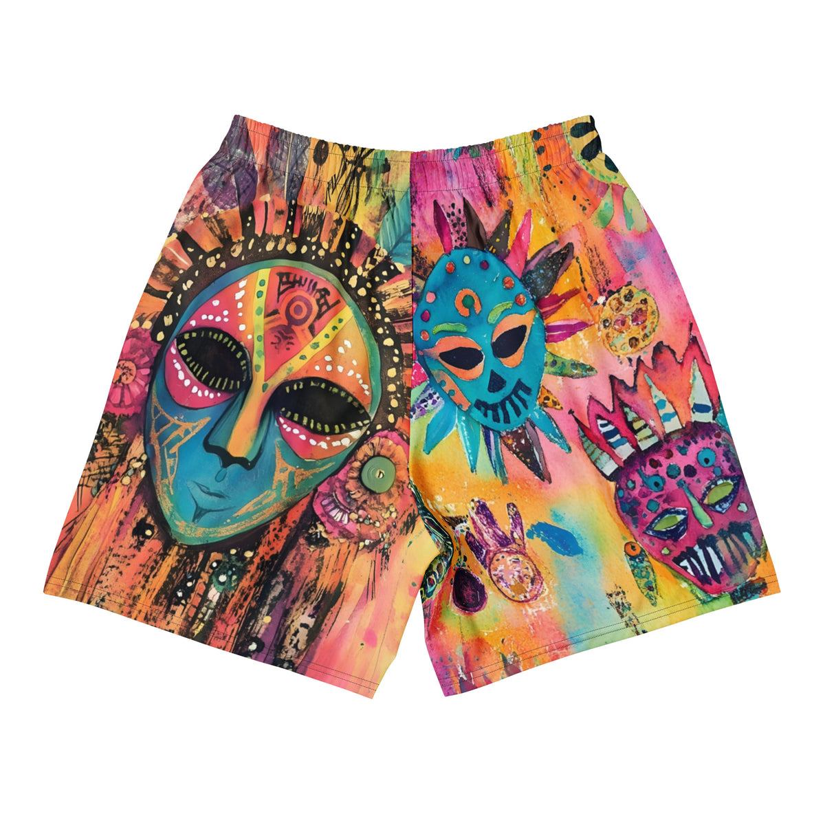 Long sports shorts featuring a vibrant psychedelic tribal mask print with expressive painted faces, decorative folk-art symbols, abstract shapes, brushstrokes, and colorful collage-like textures in turquoise, teal, coral, pink, magenta, orange, yellow, purple, black, and earthy tones. Unisex athletic design with a longer cut, elastic waistband, and bold artistic all-over pattern