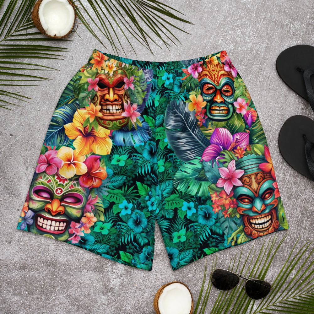Tropical Tiki Performance Shorts – Built for Motion. Inspired by the Islands. Hawaiian Tiki Print Workout Shorts