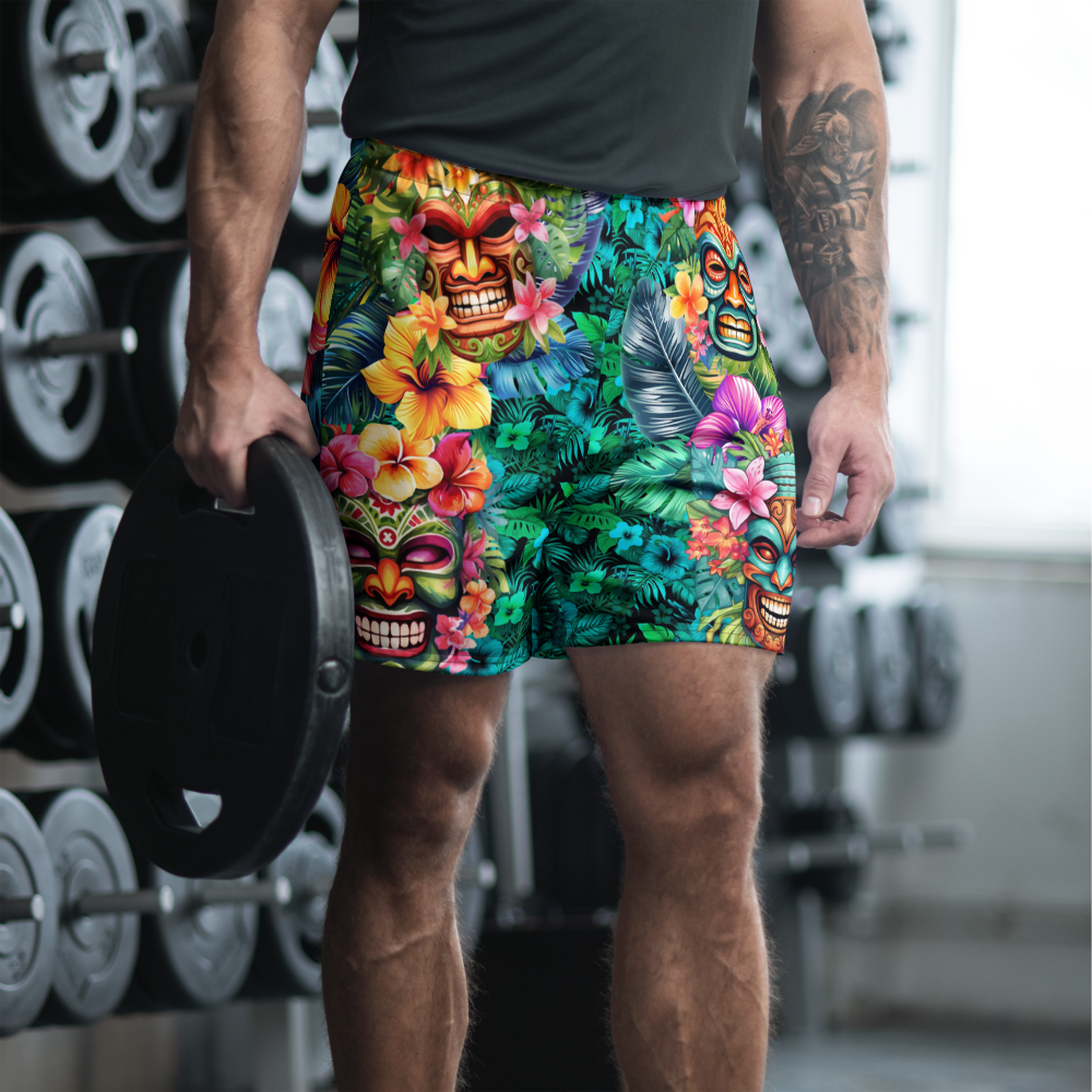 Tropical Tiki Performance Shorts – Built for Motion. Inspired by the Islands. Hawaiian Tiki Print Workout Shorts