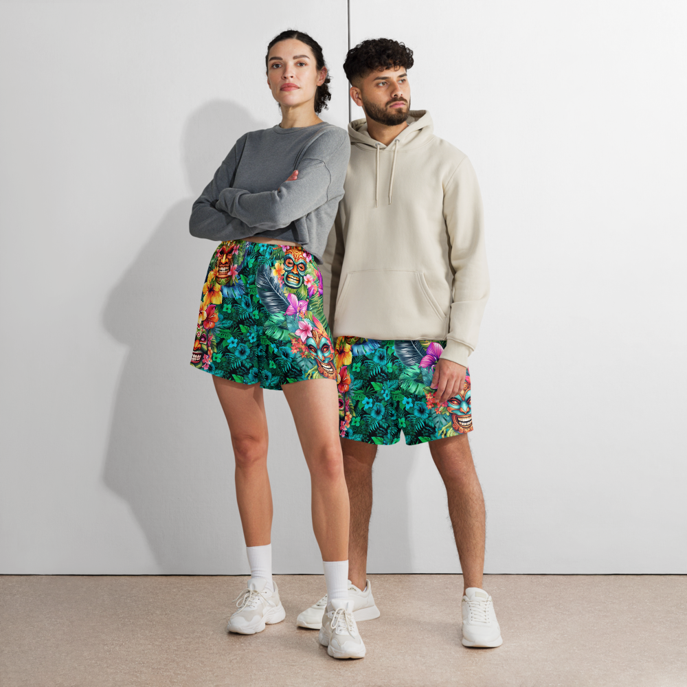 Tropical Tiki Performance Shorts – Built for Motion. Inspired by the Islands. Hawaiian Tiki Print Workout Shorts