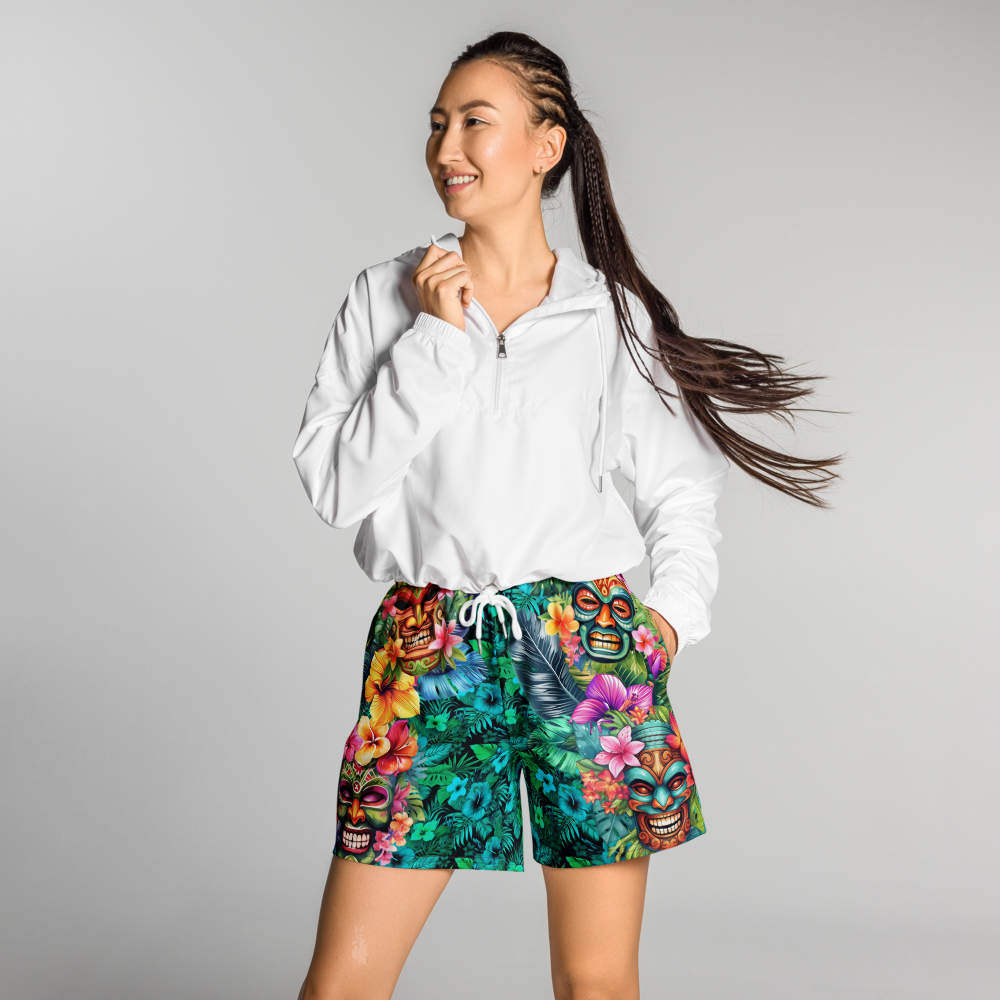 Tropical Tiki Performance Shorts – Built for Motion. Inspired by the Islands. Hawaiian Tiki Print Workout Shorts