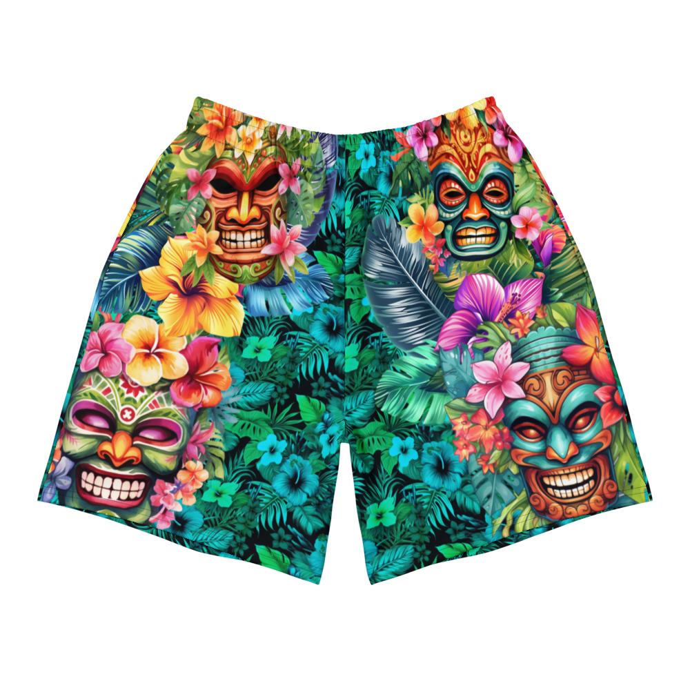 Tropical Tiki Performance Shorts – Built for Motion. Inspired by the Islands. Hawaiian Tiki Print Workout Shorts
