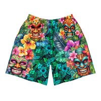 Tropical Tiki performance shorts featuring vibrant tiki mask artwork with hibiscus flowers and jungle leaves in bold tropical streetwear design