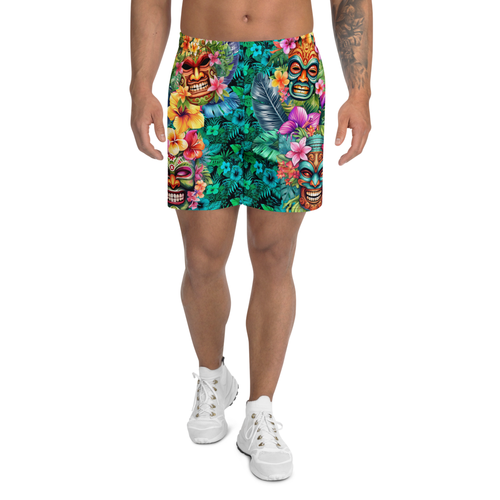 Tropical Tiki Performance Shorts – Built for Motion. Inspired by the Islands. Hawaiian Tiki Print Workout Shorts