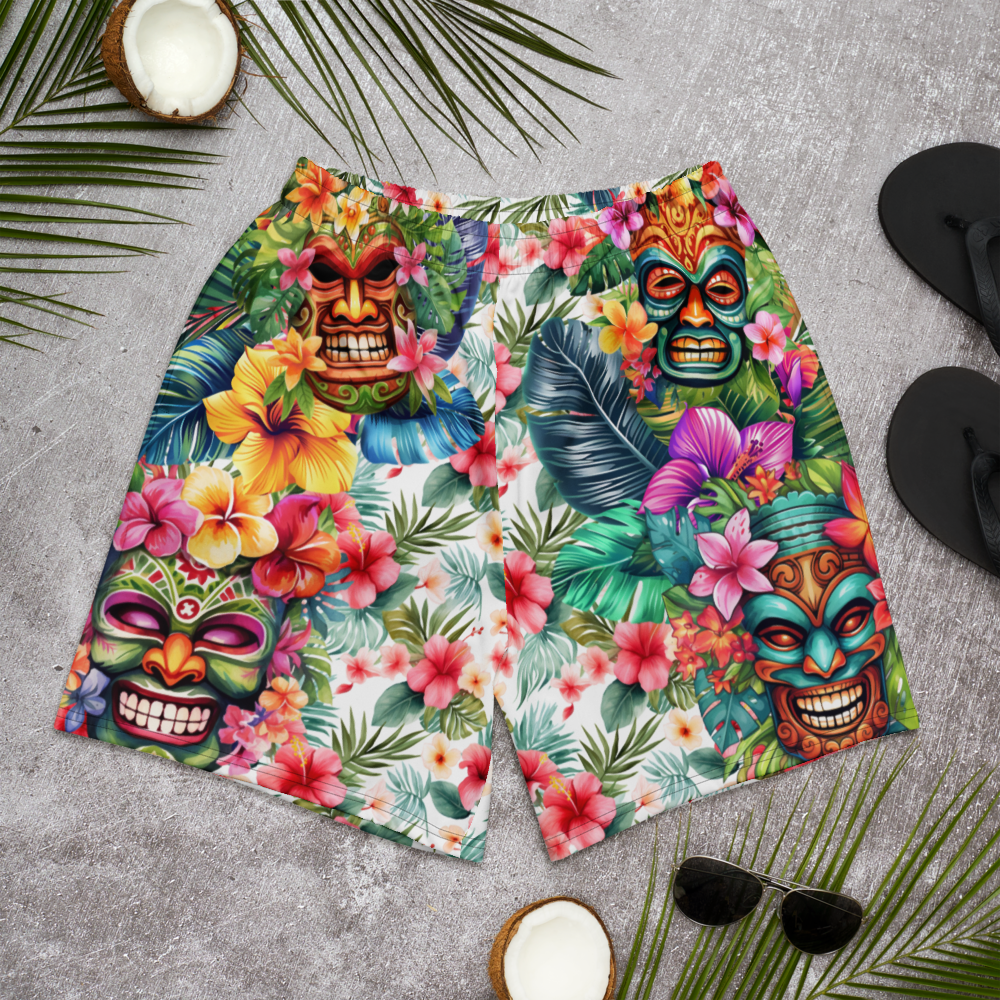 Tropical Tiki Performance Shorts – Built for Motion. Inspired by the Islands. Hawaiian Tiki Print Workout Shorts