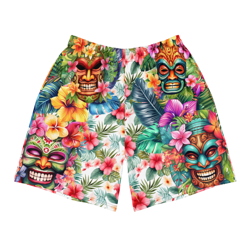 Tropical Tiki Performance Shorts – Built for Motion. Inspired by the Islands. Hawaiian Tiki Print Workout Shorts