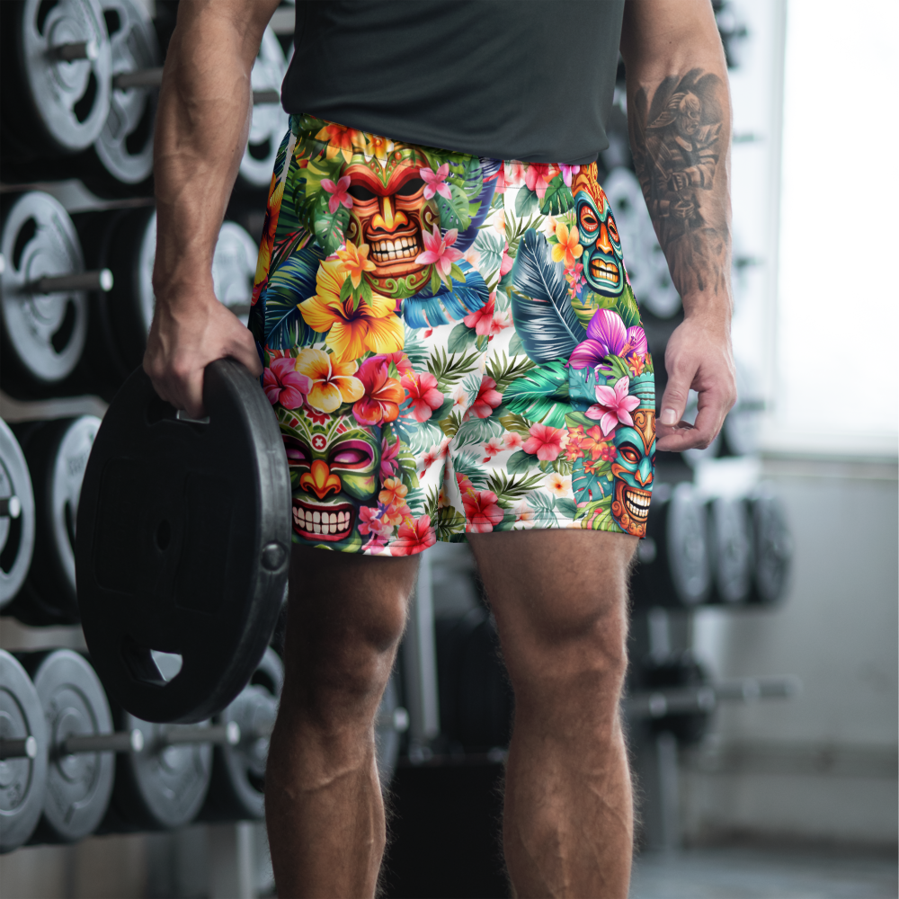 Tropical Tiki Performance Shorts – Built for Motion. Inspired by the Islands. Hawaiian Tiki Print Workout Shorts