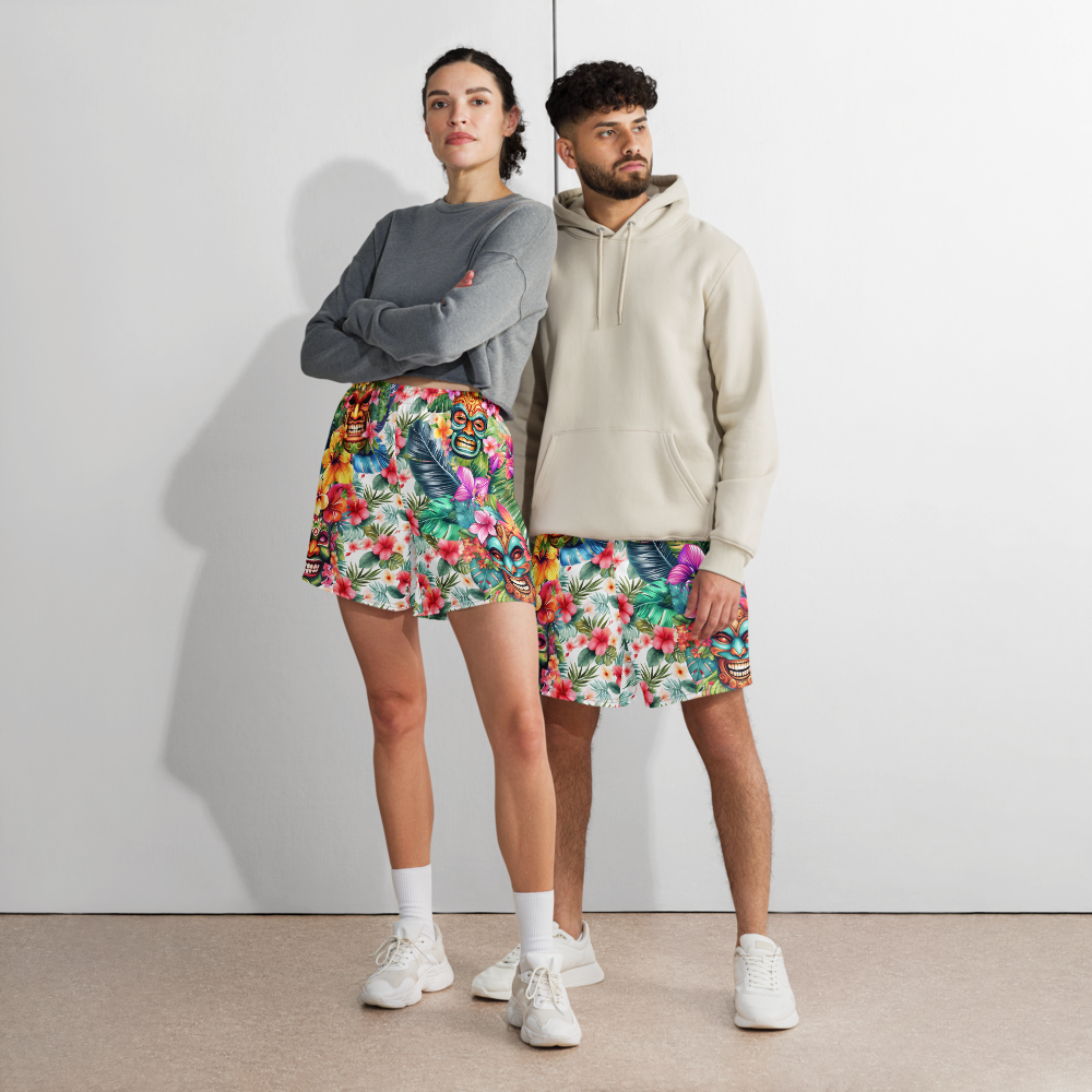 Tropical Tiki Performance Shorts – Built for Motion. Inspired by the Islands. Hawaiian Tiki Print Workout Shorts