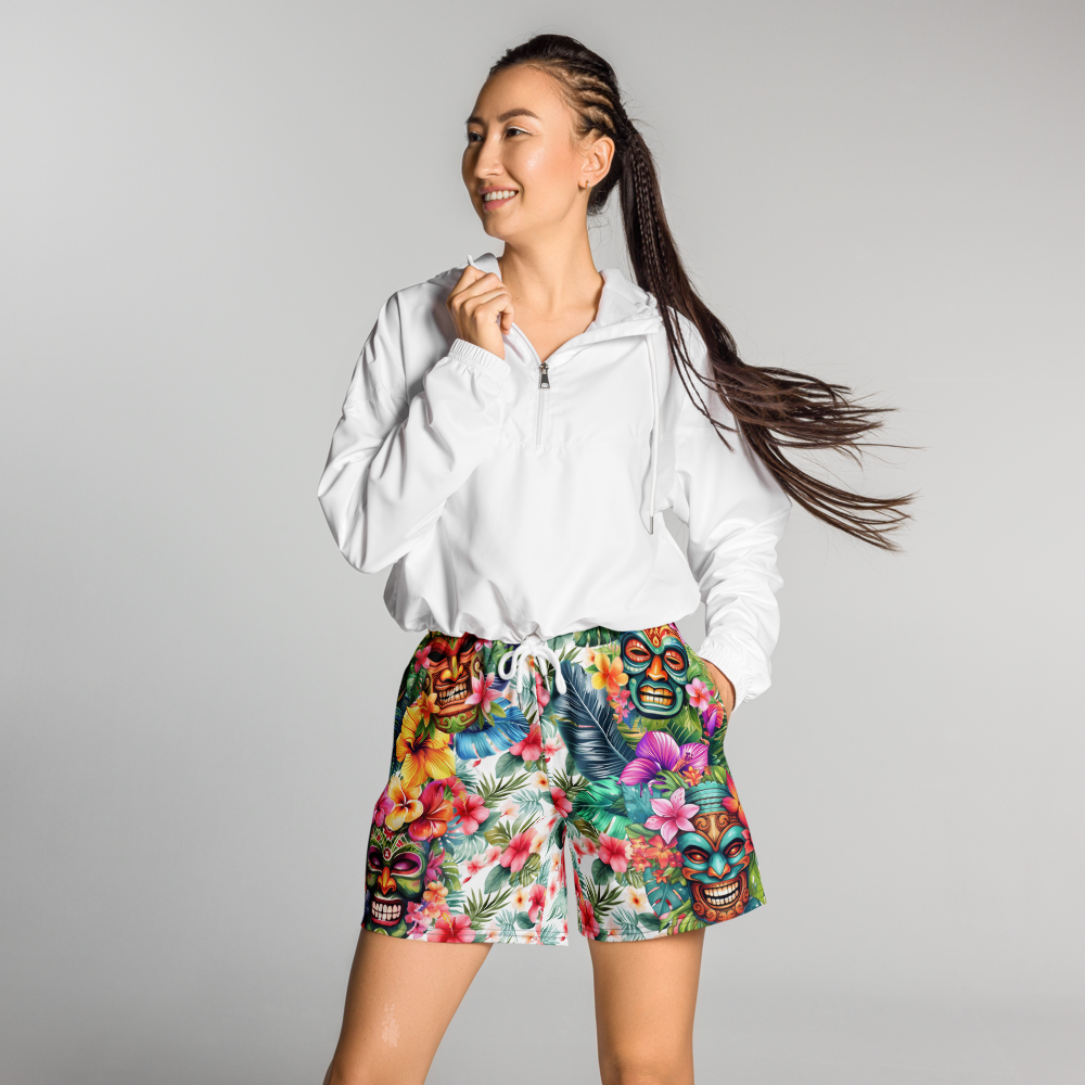 Tropical Tiki Performance Shorts – Built for Motion. Inspired by the Islands. Hawaiian Tiki Print Workout Shorts