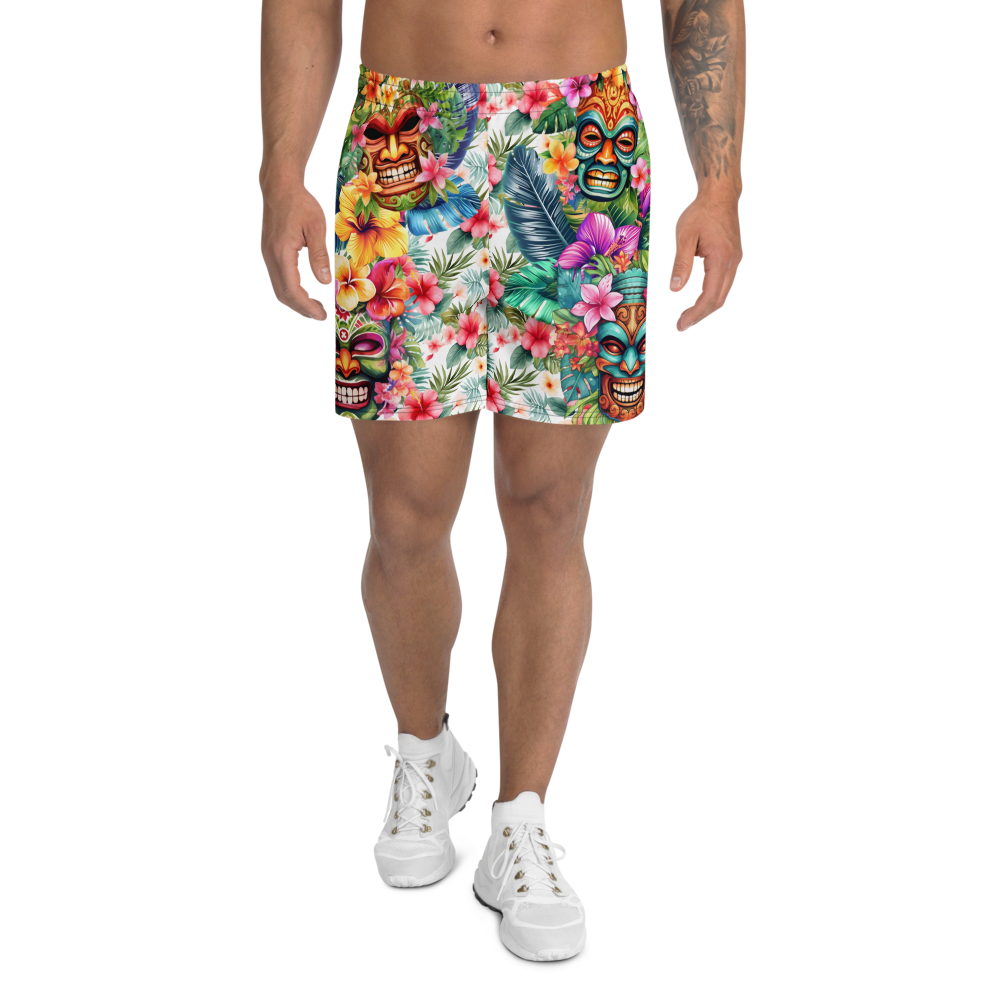 Tropical Tiki Performance Shorts – Built for Motion. Inspired by the Islands. Hawaiian Tiki Print Workout Shorts