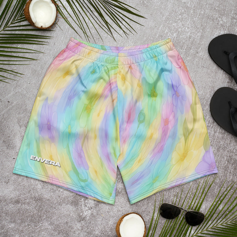 Long sports shorts with pastel watercolor floral print in aqua, mint, lavender, pink, peach, and yellow