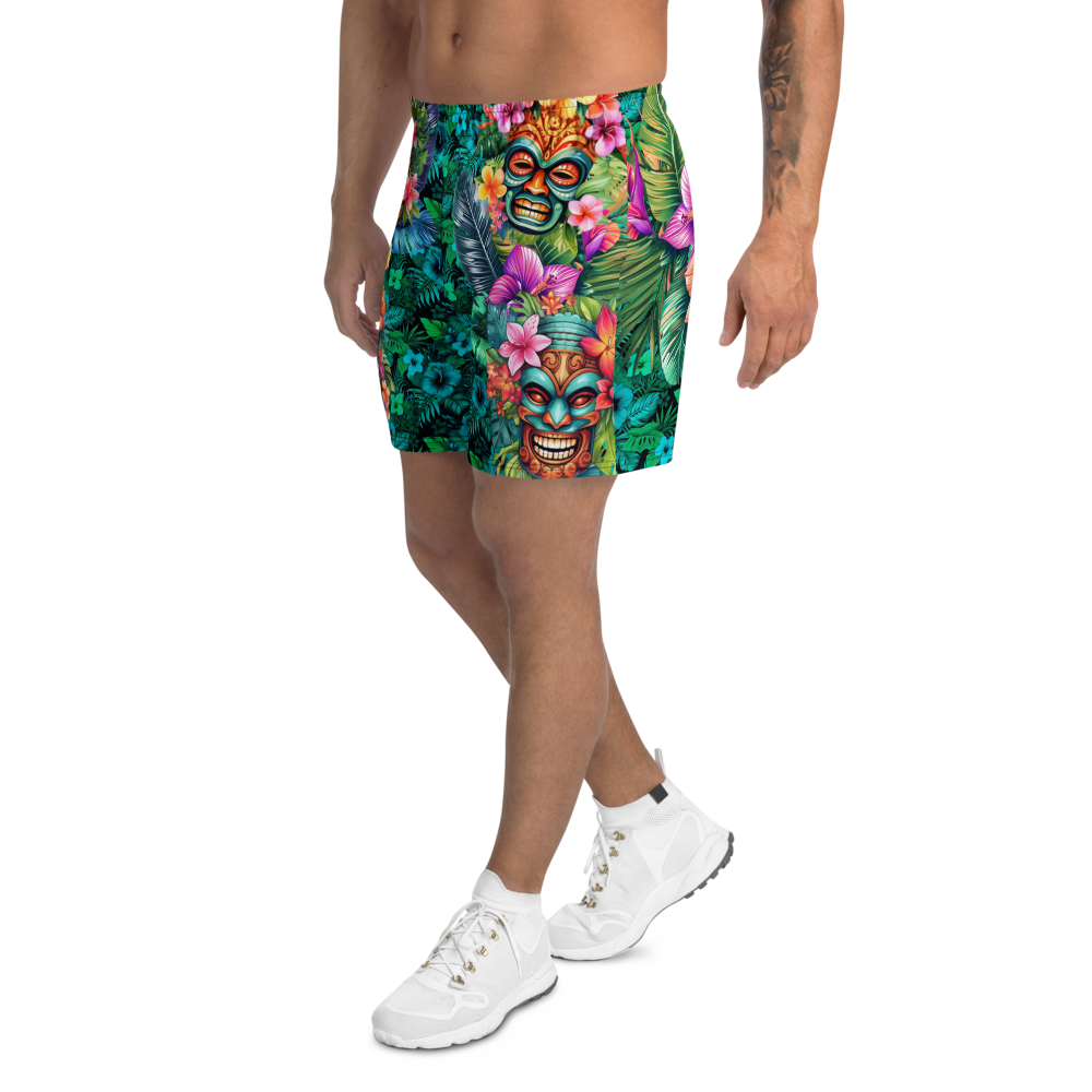 Tropical Tiki Performance Shorts – Built for Motion. Inspired by the Islands. Hawaiian Tiki Print Workout Shorts