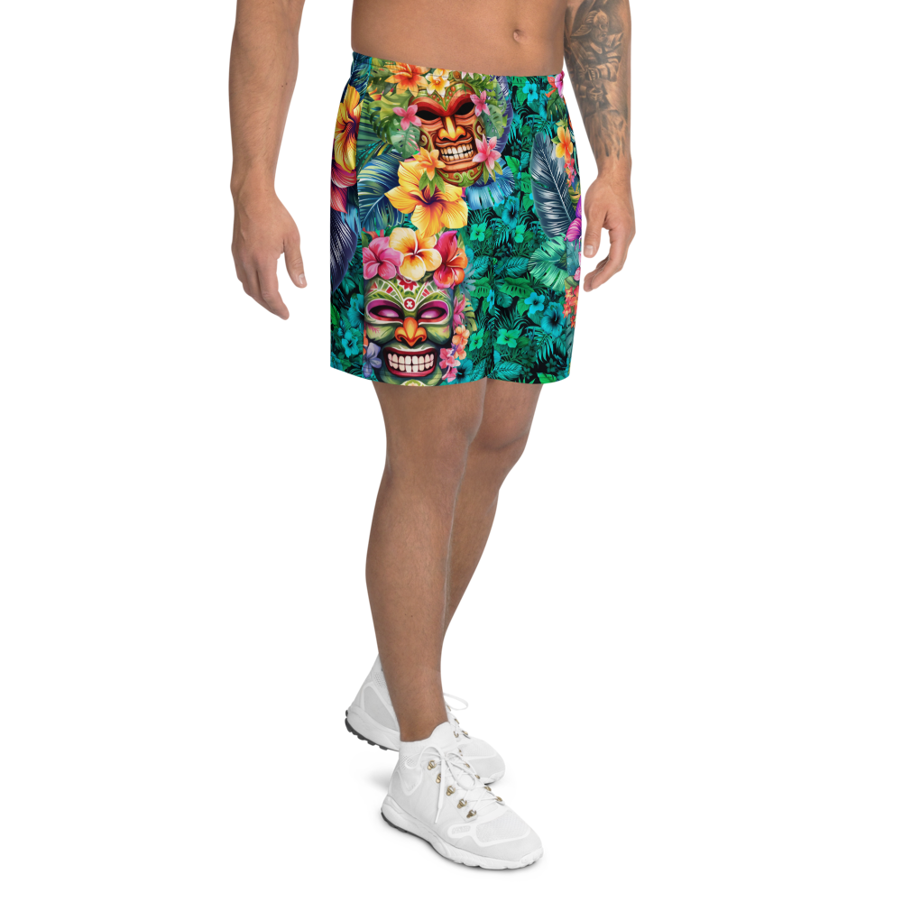 Tropical Tiki Performance Shorts – Built for Motion. Inspired by the Islands. Hawaiian Tiki Print Workout Shorts