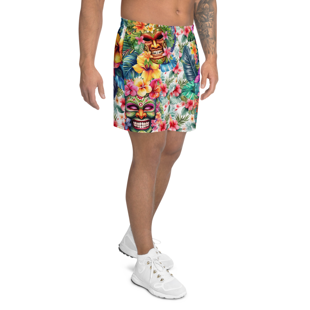Tropical Tiki Performance Shorts – Built for Motion. Inspired by the Islands. Hawaiian Tiki Print Workout Shorts