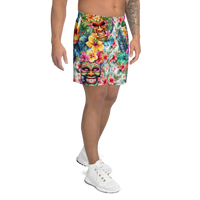 Tropical Tiki performance shorts featuring vibrant tiki mask artwork with hibiscus flowers and jungle leaves in bold tropical streetwear design