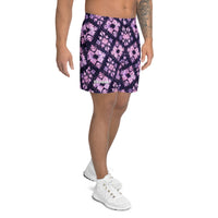 Deep purple athletic shorts with pastel pink geometric motifs and an all-over abstract tribal pattern