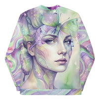 Unisex bomber jacket with surreal psychedelic portrait, butterfly elements, and pastel all-over print in mint, lavender, pink, and blue