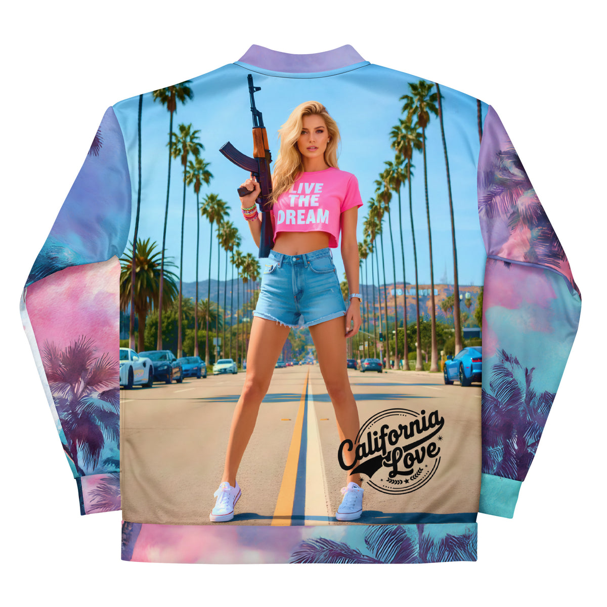Zip-up hoodie with psychedelic palm tree print and large California-inspired back illustration