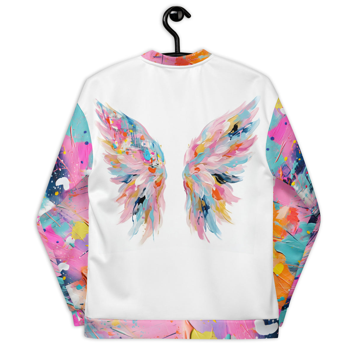 Unisex bomber jacket with colorful paint splatter design and abstract wing motif in turquoise, coral, yellow, and pink