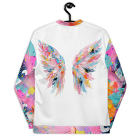 Unisex bomber jacket with colorful paint splatter design and abstract wing motif in turquoise, coral, yellow, and pink