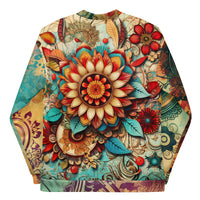 Unisex bomber jacket with all-over boho floral mandala print in earthy tones and turquoise accents