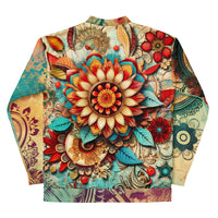 Unisex bomber jacket with all-over boho floral mandala print in earthy tones and turquoise accents