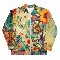 Unisex bomber jacket with all-over boho floral mandala print in earthy tones and turquoise accents