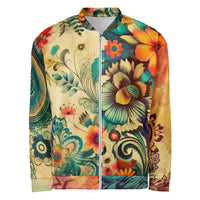 Unisex bomber jacket with all-over boho floral mandala print in earthy tones and turquoise accents