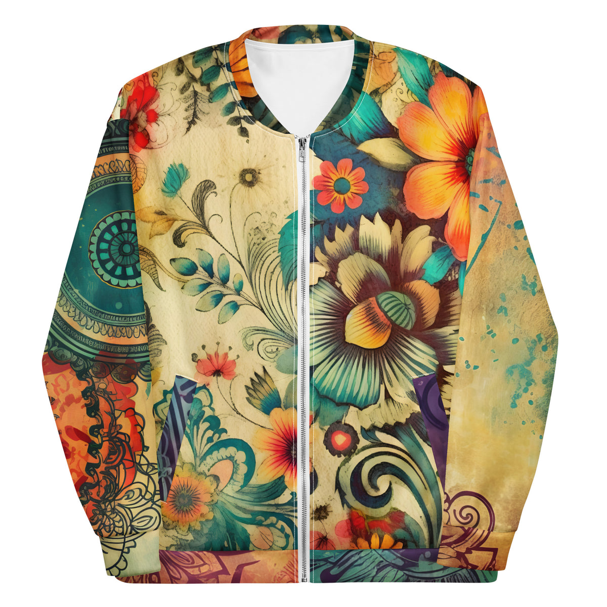 Unisex bomber jacket with all-over boho floral mandala print in earthy tones and turquoise accents