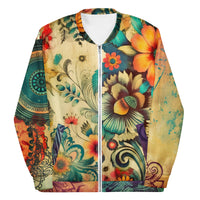 Unisex bomber jacket with all-over boho floral mandala print in earthy tones and turquoise accents