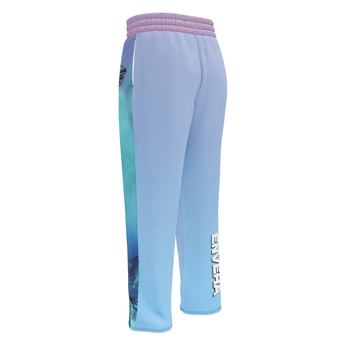 Unisex wide-leg joggers with neon palm tree print in pink, teal, lavender, and violet gradient tones