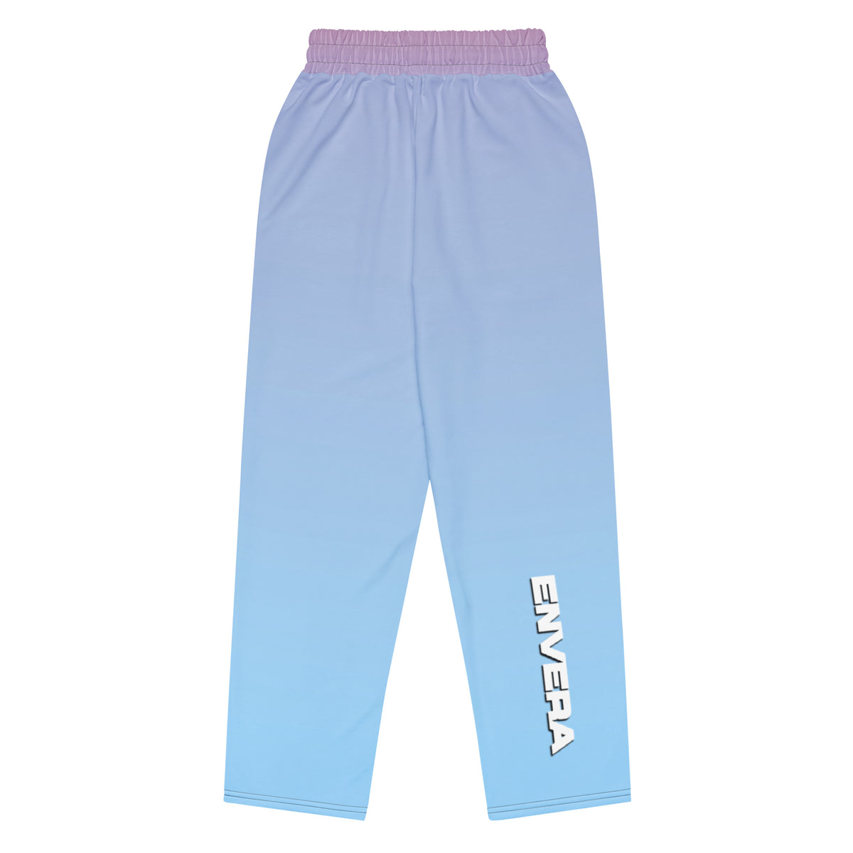 Unisex wide-leg joggers with neon palm tree print in pink, teal, lavender, and violet gradient tones