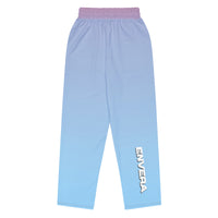 Unisex wide-leg joggers with neon palm tree print in pink, teal, lavender, and violet gradient tones