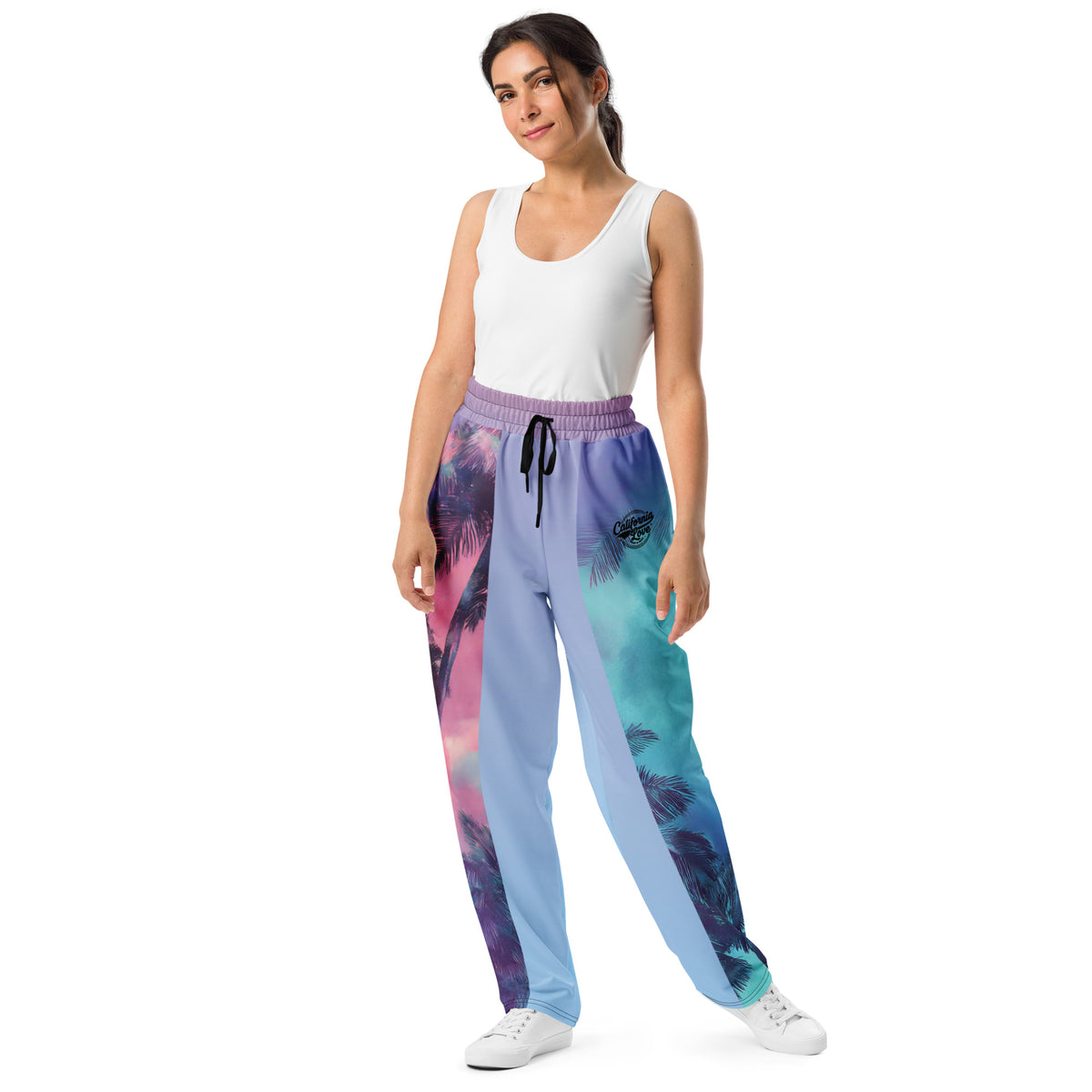 Unisex wide-leg joggers with neon palm tree print in pink, teal, lavender, and violet gradient tones