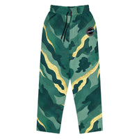 Unisex wide-leg joggers with abstract camouflage print in deep green and gold tones