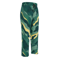 Unisex wide-leg joggers with abstract camouflage print in deep green and gold tones