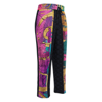 Unisex wide-leg joggers with abstract color block print in turquoise, magenta, deep pink, and gold accents