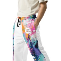 Unisex Wide-leg joggers featuring colorful abstract paint splatter artwork in bold multicolor tones