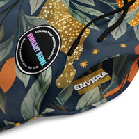 Unisex wide-leg joggers with abstract floral camouflage print in green and gold tones