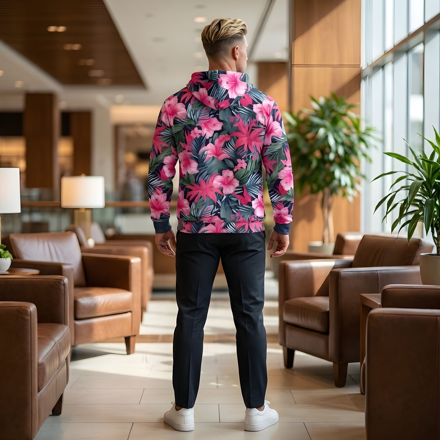 VIBRANT REBEL Tropical floral streetwear zip hoodie, vibrant all-over print, eye-catching design, standout fashion | Trendy design