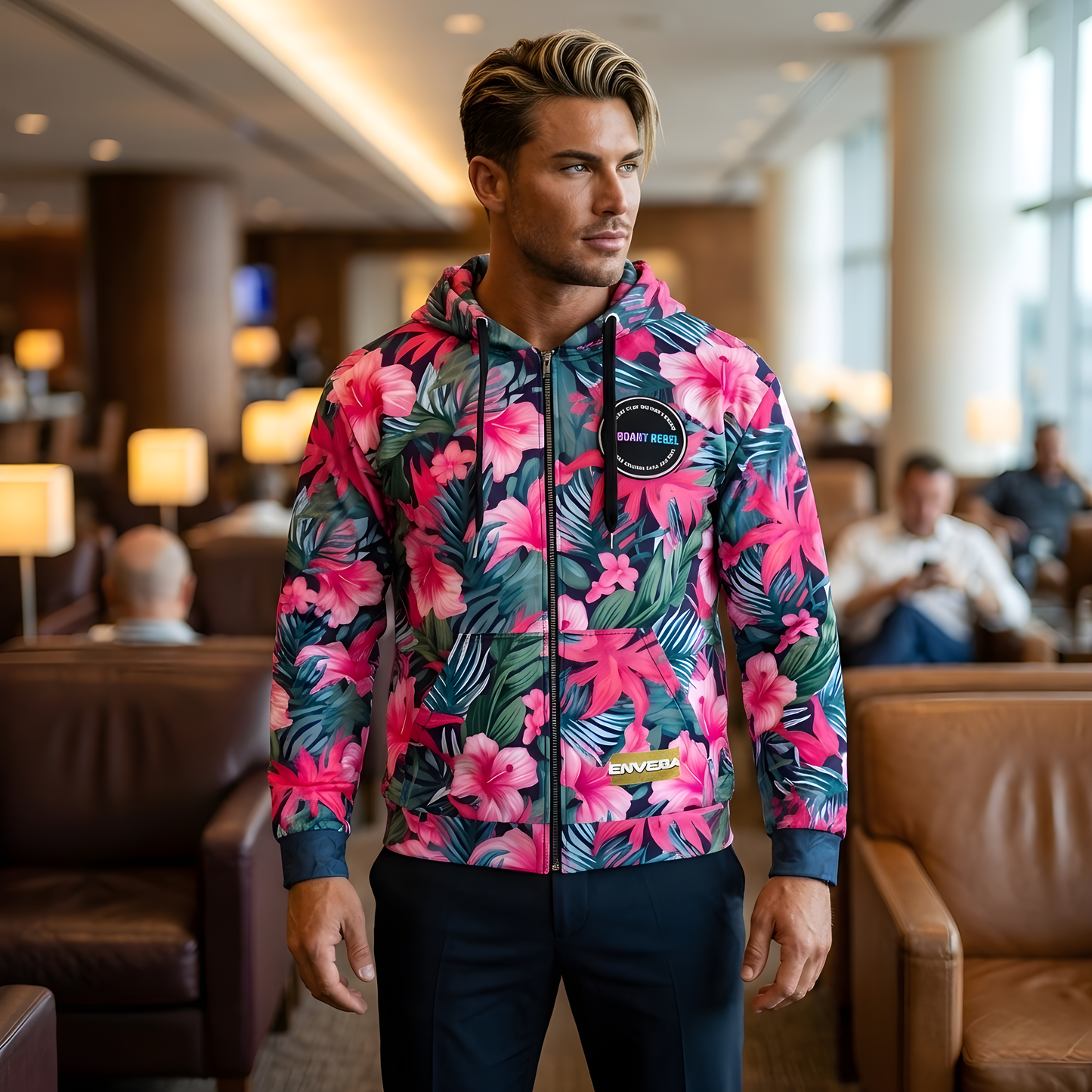 VIBRANT REBEL Tropical floral streetwear zip hoodie, vibrant all-over print, eye-catching design, standout fashion | Trendy design