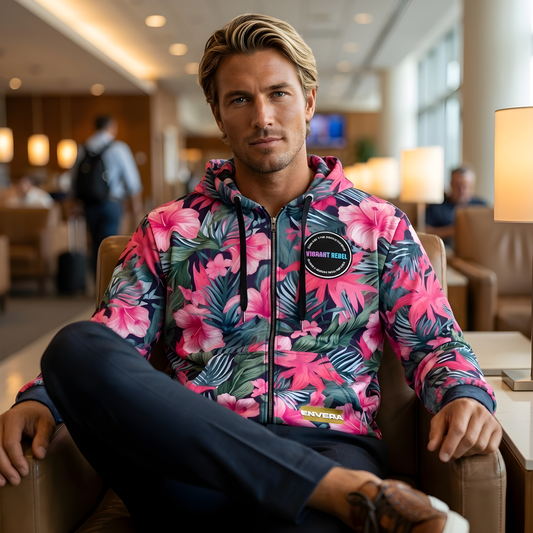 VIBRANT REBEL Tropical floral streetwear zip hoodie, vibrant all-over print, eye-catching design, standout fashion | Trendy design