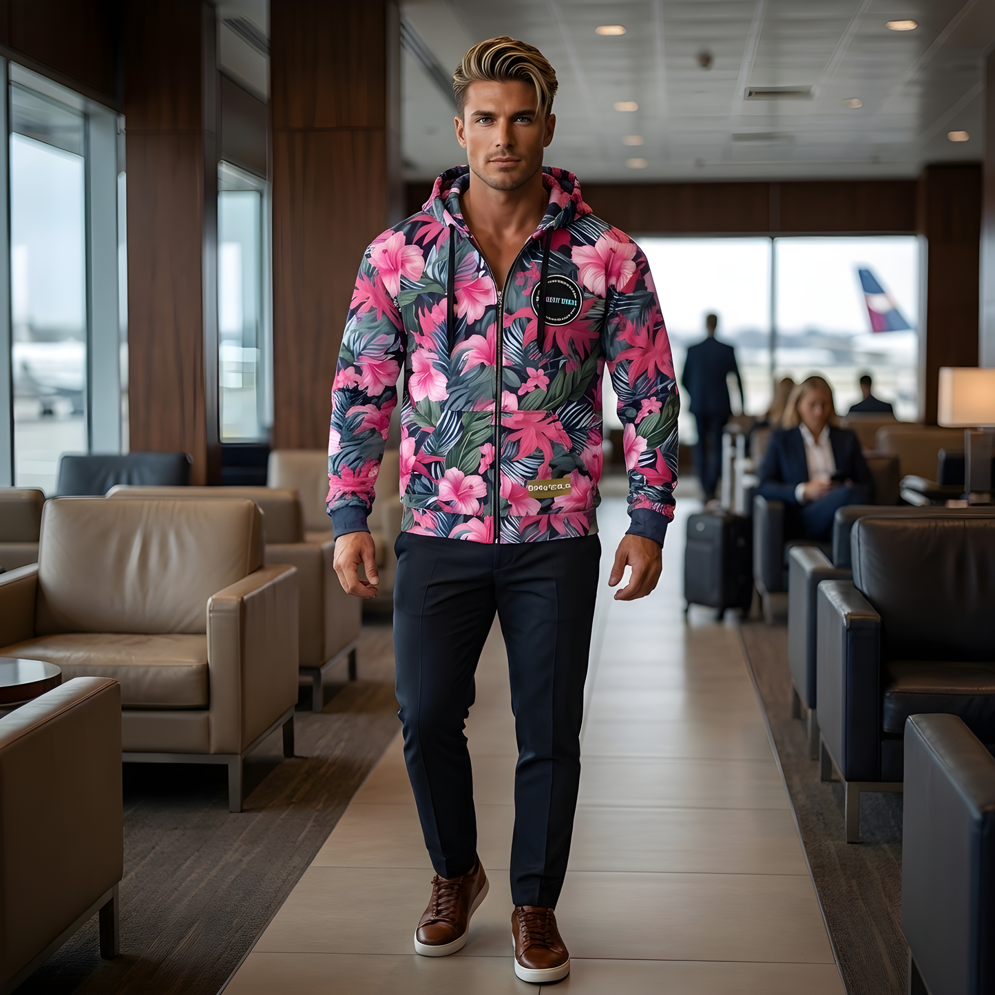 VIBRANT REBEL Tropical floral streetwear zip hoodie, vibrant all-over print, eye-catching design, standout fashion | Trendy design