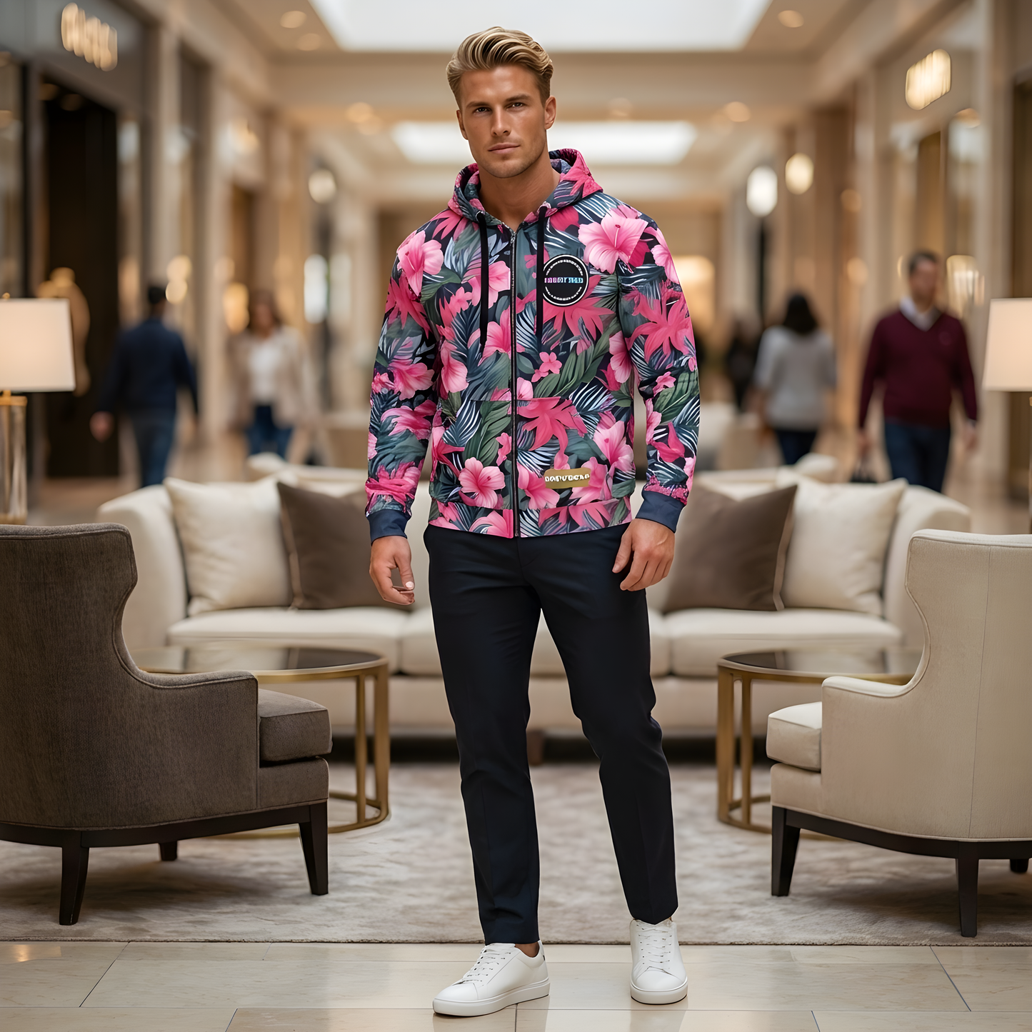 VIBRANT REBEL Tropical floral streetwear zip hoodie, vibrant all-over print, eye-catching design, standout fashion | Trendy design
